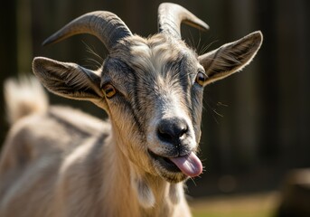 Fototapeta premium This playful goat is sticking its tongue out, making a funny and curious expression for the camera.