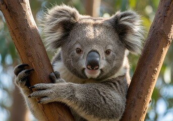 Fototapeta premium A charming koala bear perched on a tree branch, staring inquisitively.