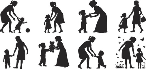 Mother and child silhouette vector illustration set, a collection of women with their kids, playing, walking and embracing, motherhood and parental care concept isolated on a white background.