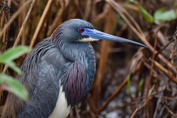 Fototapeta premium Tricolored heron portrait displays stunning blue and purple feathers in florida