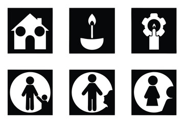 Set of simple white silhouettes on black background icons house