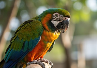 Obraz premium A beautiful macaw parrot is perched on a branch in its natural environment, displaying colorful plumage.