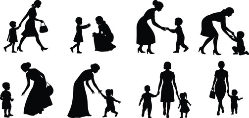 Mother and child silhouette vector illustration set, a collection of women with their kids, playing, walking and embracing, motherhood and parental care concept isolated on a white background.