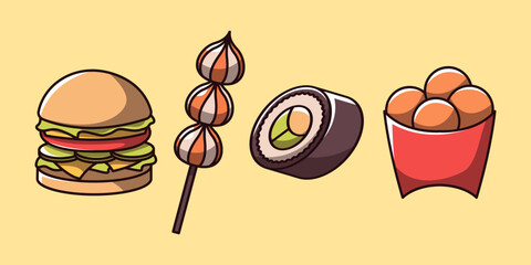 Cute Street Food and Fast Food Cartoon Vector Set. Fun Pizza, Fries, and Skewers Illustration for Sticker and Merchandise Design