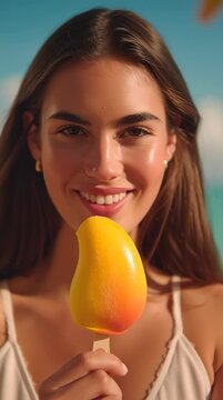 Woman holding mango shaped popsicle, tropical fruit dessert, creamy mango ice cream, summer treat trend, viral propitious mango snack, beach background