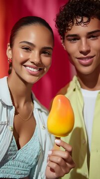Smiling friends with mango shaped popsicle, trendy fruit dessert, creamy mango ice cream, viral summer treat, propitious mango snack moment
