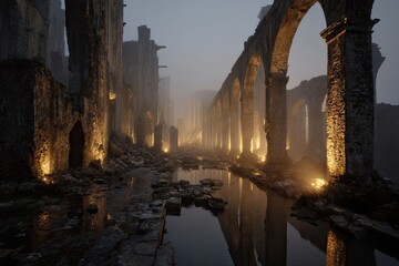 Ruined city alleyway, misty evening