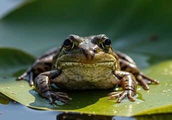 Obraz premium A captivating frog portrait on a lily pad, capturing the essence of wetland wildlife.