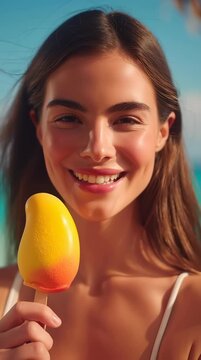 Woman enjoying propitious mango popsicle, tropical fruit ice cream on beach, creamy frozen dessert, summer vacation treat, vibrant exotic snack