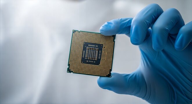 Close up of a gloved hand holding a microchip, showcasing modern technology and innovation
