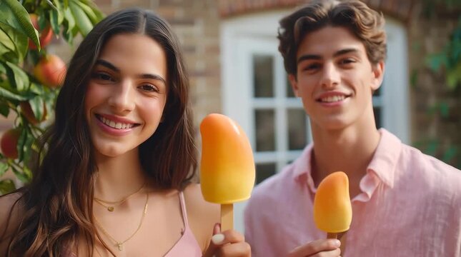 Smiling couple with propitious mango ice cream, fruit shaped popsicle outdoors, creamy tropical dessert, viral frozen snack in garden setting