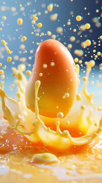 Propitious mango ice cream splash, creamy fruit popsicle in juice explosion, tropical frozen dessert, vibrant summer treat, juicy exotic flavor burst