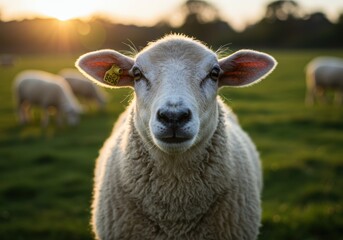 Fototapeta premium A charming sheep gazes directly at the camera, basking in the warm sunset light of the field.