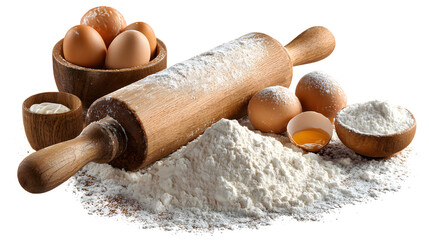 Baking Ingredients Displayed on Wooden Surface with Flour, Eggs, and Rolling Pin isolated on a white background