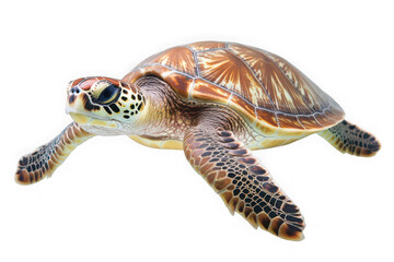 Green sea turtle swimming gracefully against a stark black background