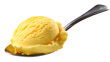 Yellow ice cream on a spoon isolated on a white background