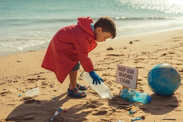 Young boy diligently cleans polluted beach, collecting plastic bottles, inspiring environmental responsibility and hope for cleaner oceans.