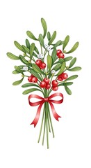 Festive bouquet of mistletoe with red ribbon.