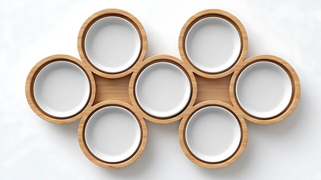 Rustic wooden display stand with seven oval white ceramic plates for serving or decoration