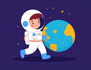 Cute astronaut carrying Earth in space
