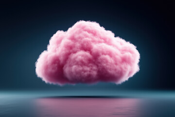 Pink cloud computing technology is floating on a dark background with reflections, symbolizing data storage, network connectivity, and futuristic digital innovation