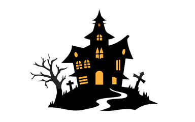 A silhouette haunted Halloween house with spooky trees vector ilustration