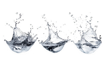 Three dynamic water splashes frozen in motion against a black background