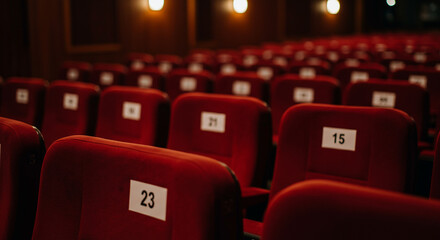 Empty red theater seats with numbers in a row