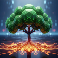 Polygon Neon Tree with Network Glowing Roots