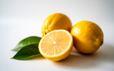 Fresh Lemons with Green Leaves on White Background