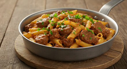 Fototapeta premium Hearty Penne Pasta with Meat Sauce and Herbs