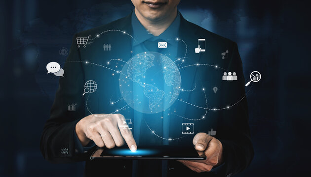 Visualization of global digital communication and online across multiple platforms, including global network, digital network, communication network, and online network. Vouch