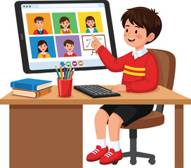 Student attending online class, virtual classroom setup, remote education, digital learning, e-learning platform, academic session, home study, interactive screen, modern schooling, technology