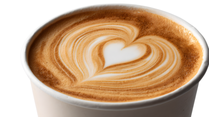 Art latte art pattern of latte coffee in a paper cup, milk foam with a heart ripple pattern isolated on a white background