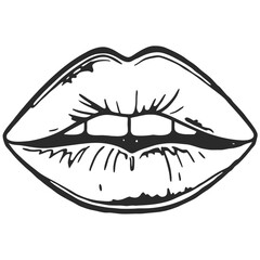 A black and white drawing of a human mouth isolated on white background