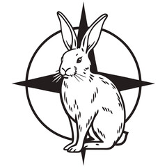 A charming rabbit sits gracefully in front of a compass isolated on white background