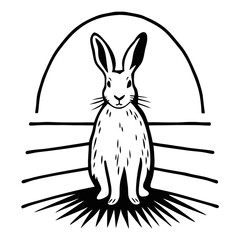 A charming hare sits in a field, isolated on white background, in a simple design