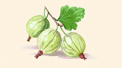 Three light green gooseberries on branch with leaf