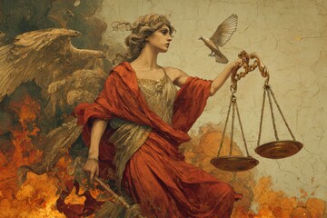 A mythological-style illustration where the Greek goddess Themis holds a broken scale--one side is sinking into hellfire with war and greed, while the other side ascends to heaven with a lone dove. 