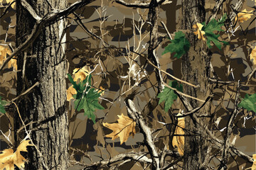 A camouflage pattern made of real tree branches and green leaves, with an American-style camo design for hunting in the woods.