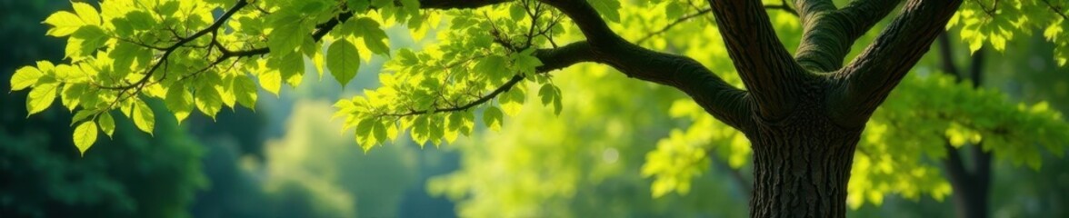 Fototapeta premium Mature Japanese pagoda tree, leaves unfurling, environment, asian