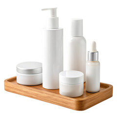 Assortment of white cosmetic bottles and containers displayed on a wooden tray for beauty and wellness concepts isolated on transparent background