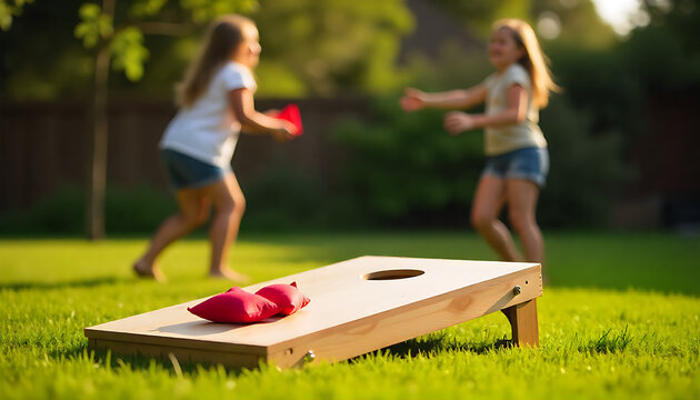 Cornhole game set, process of throwing bean bags, female girl tossing bean sacks, corn hole in the backyard, wooden boards for corn-hole tournament in a summer day on a wood,created with generative ai
