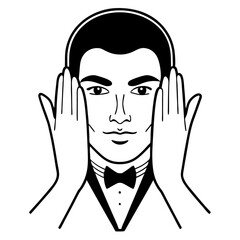 Man with hands on face isolated on white background, wearing tuxedo