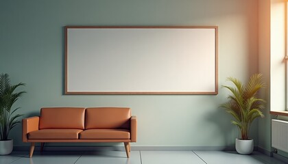 Modern living room with brown sofa and empty picture frame on wall  