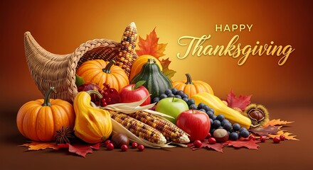 Thanksgiving harvest celebration with cornucopia and seasonal fruits for festive decor and card design