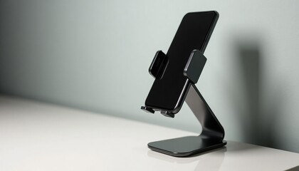 Naklejka premium Black smartphone on modern stand against minimalist background 