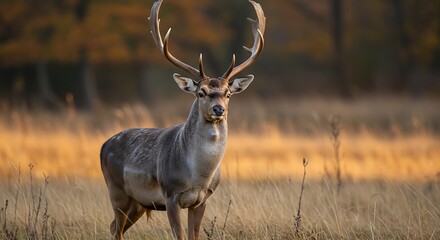 Majestic stag with antlers in autumn field
