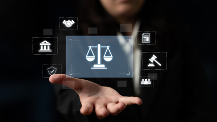 Legal compliance and governance concept showing justice scale, courthouse, contract, policy, agreement, rule, and protection of rights in legal or business environment Latch