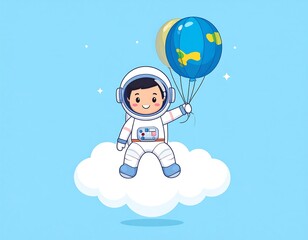 Cute astronaut floats on a cloud with balloons